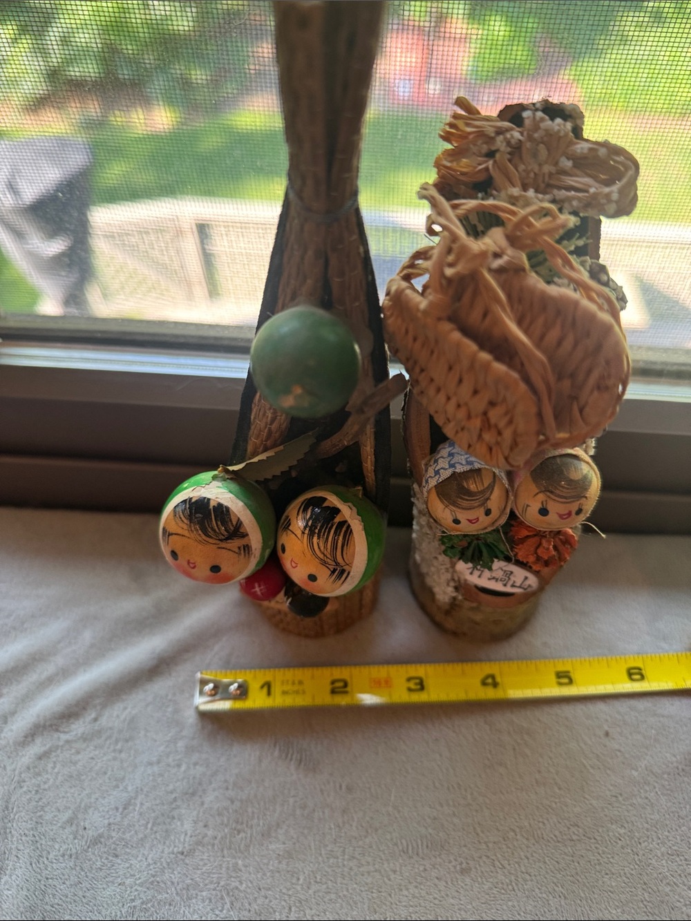 Vintage Handcrafted Green and Natural Wood Home Accent Figurine Set